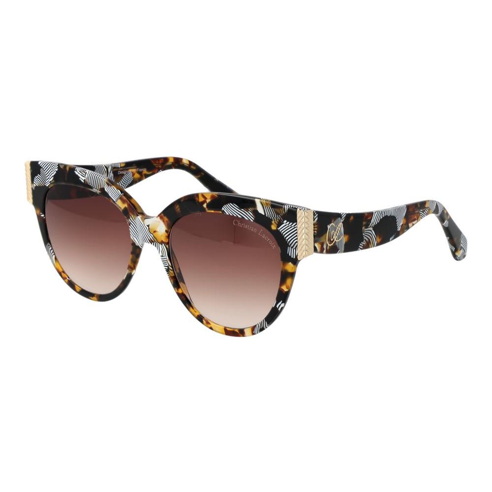 Christian Lacroix black acetate butterfly sunglasses for women with brown gradient lenses, 100% UVA & UVB protection, full-rim style.