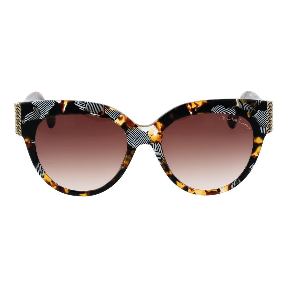 Christian Lacroix women's sunglasses with black butterfly acetate frame and brown gradient lenses, offering 100% UVA & UVB protection.