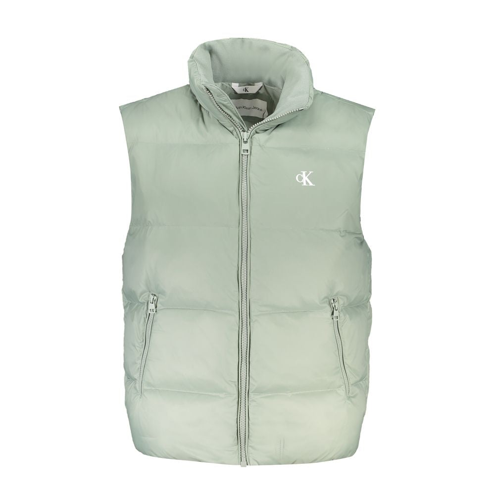 Calvin Klein green sleeveless jacket with zip, external and internal pockets, made of recycled polyester, featuring logo print.