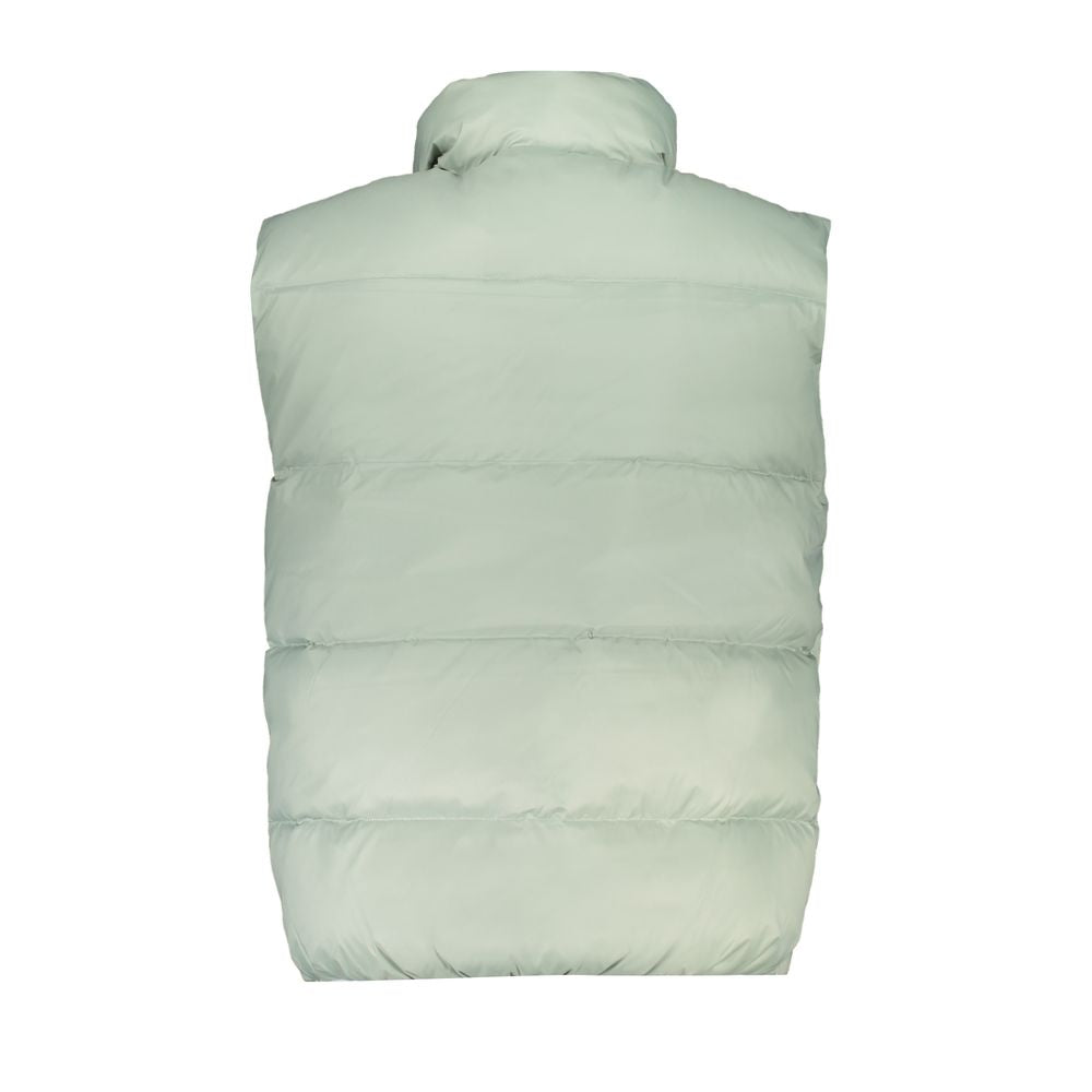 Back view of Calvin Klein green sleeveless polyamide jacket with external pockets, internal pocket, and zip closure.