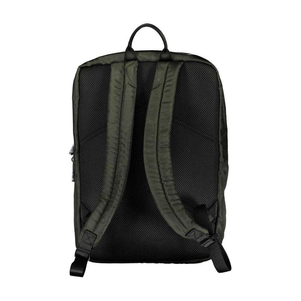 Back view of Calvin Klein green polyester men's backpack with padded straps and durable design for comfortable carrying.