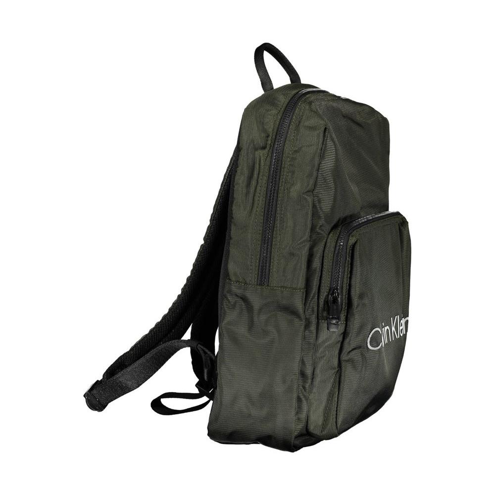 Calvin Klein green polyester men's backpack with logo, spacious interior, laptop compartment, and external pockets for eco-conscious style.