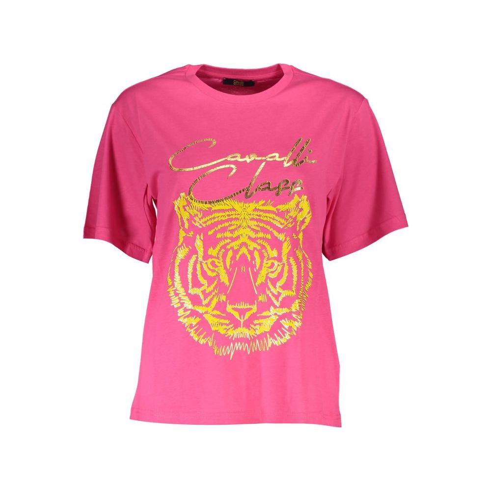 Cavalli Class Pink Cotton Women T-Shirt with Tiger Print and Logo, Short Sleeves, Regular Fit, Elegant Fashion Apparel