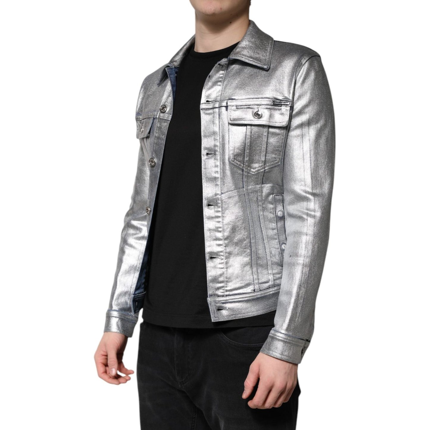 Dolce & Gabbana Silver Cotton Button Down Denim Biker Jacket JKT4130-48