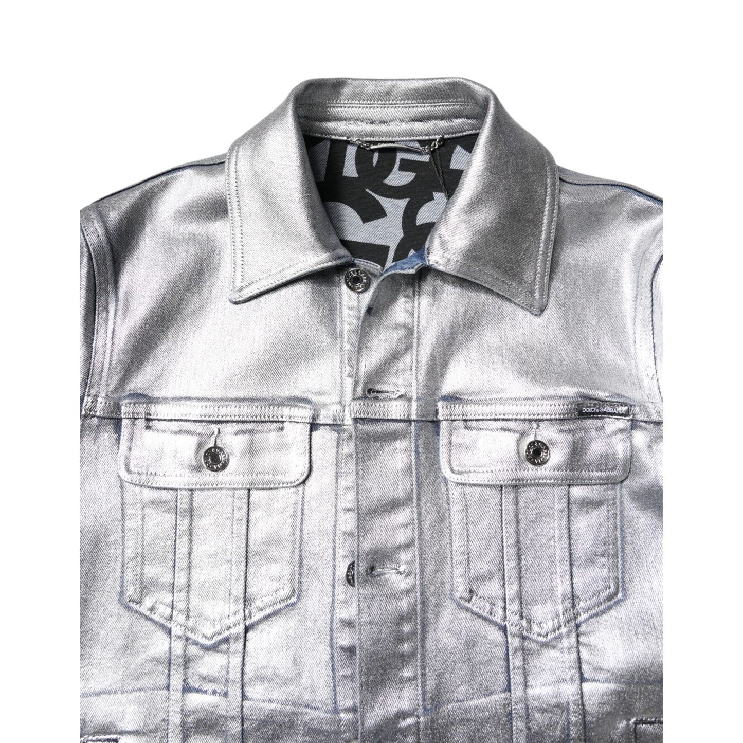 Dolce & Gabbana Silver Cotton Button Down Denim Biker Jacket JKT4130-48