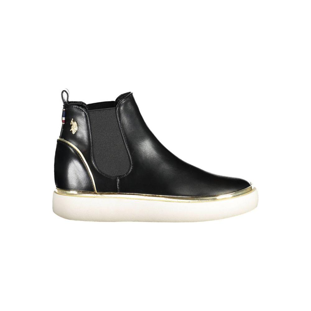 U.S. POLO ASSN. black polyester women's boot with side elastic panels and contrasting details, featuring iconic logo and modern design.