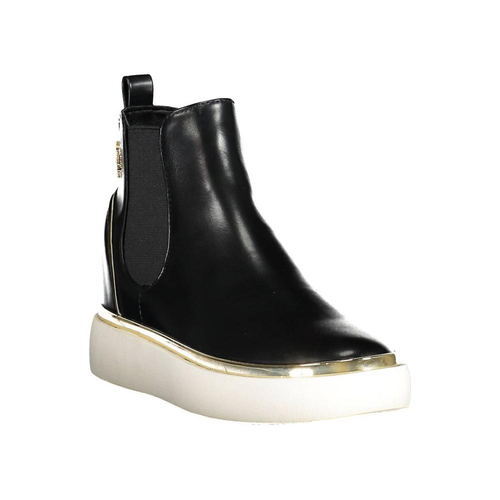 U.S. POLO ASSN. Black Polyester Women's Low Ankle Boots with Elastic Panels and Logo, Elegant Modern Design