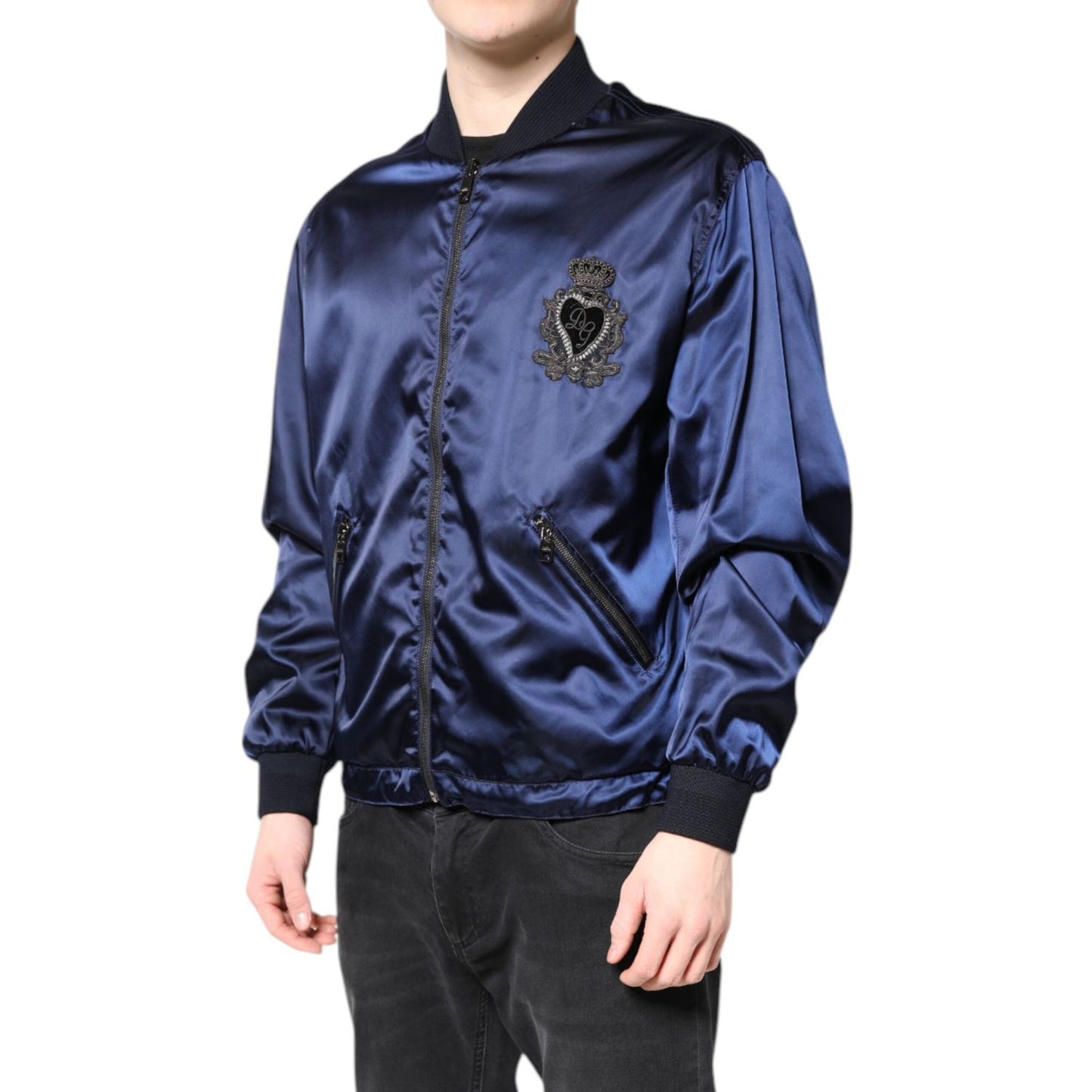 Dolce & Gabbana Blue Nylon DG Crown Full Zip Bomber Jacket JKT41597