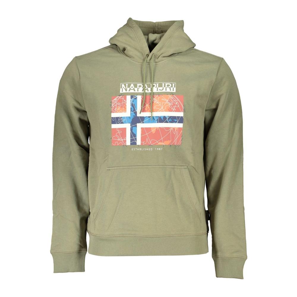 Napapijri green cotton men's sweater with hood, central pocket, distinctive print, and Napapijri logo, embodying contemporary fashion.