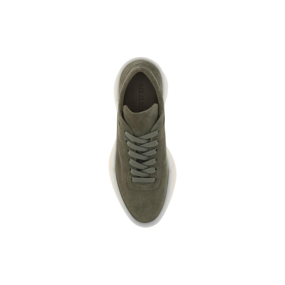 Top view of Fear Of God Aerobic Low Sneakers in suede with round toe, lace-up closure, and contrasting rubber sole.
