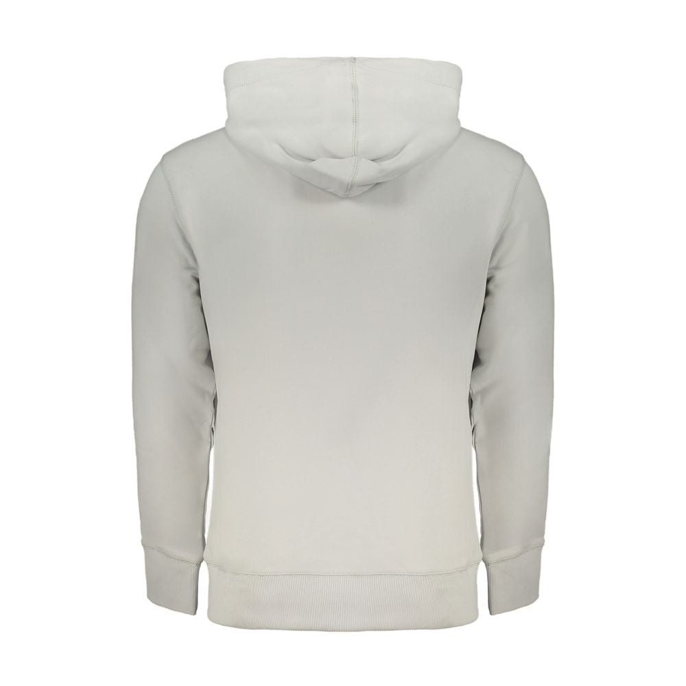 Back view of a Calvin Klein gray cotton sweater, long-sleeved with hood, featuring a central pocket and logo, made from 95% regenerative cotton.