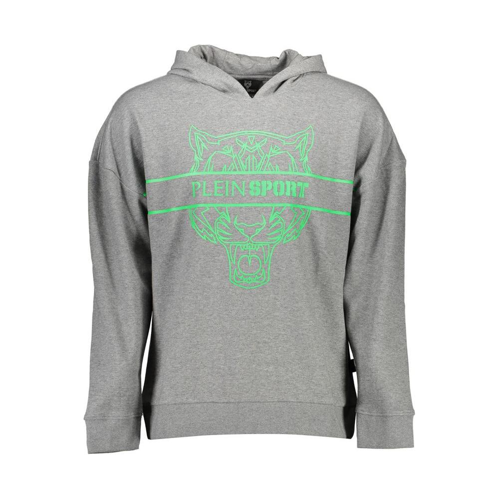 Plein Sport gray cotton men's sweatshirt with hood and green logo, blending urban-chic and street fashion style.