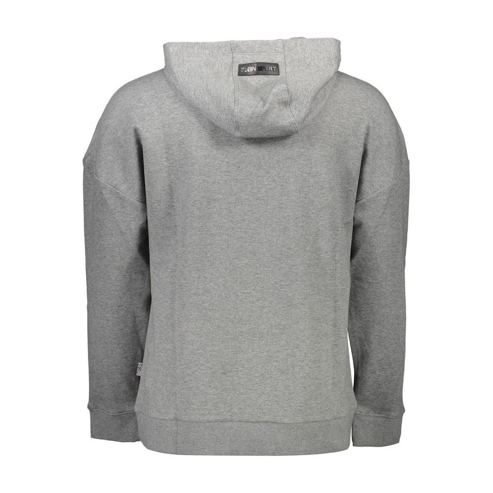 Back view of Plein Sport gray cotton men's sweatshirt with hood and contrasting details
