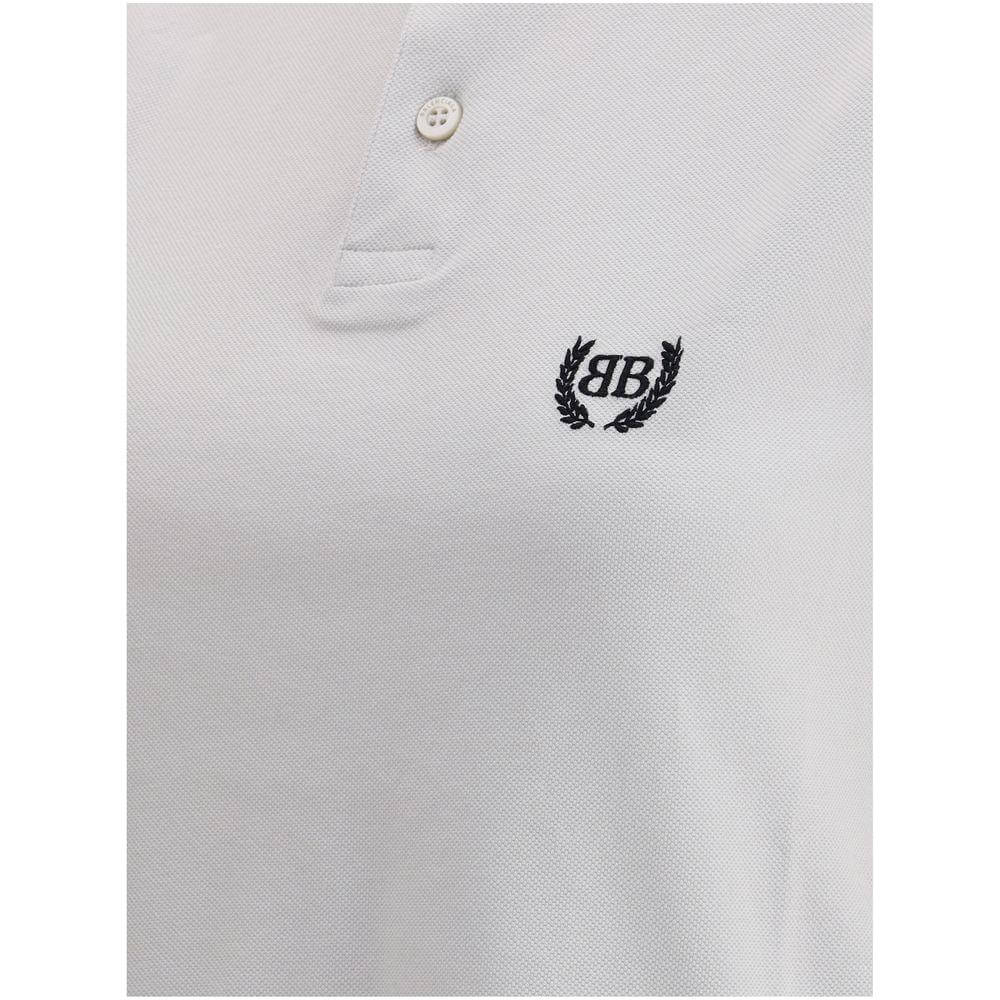 Balenciaga logoed polo shirt with classic collar and vintage worn-effect on white fabric, featuring iconic BB logo embroidery.