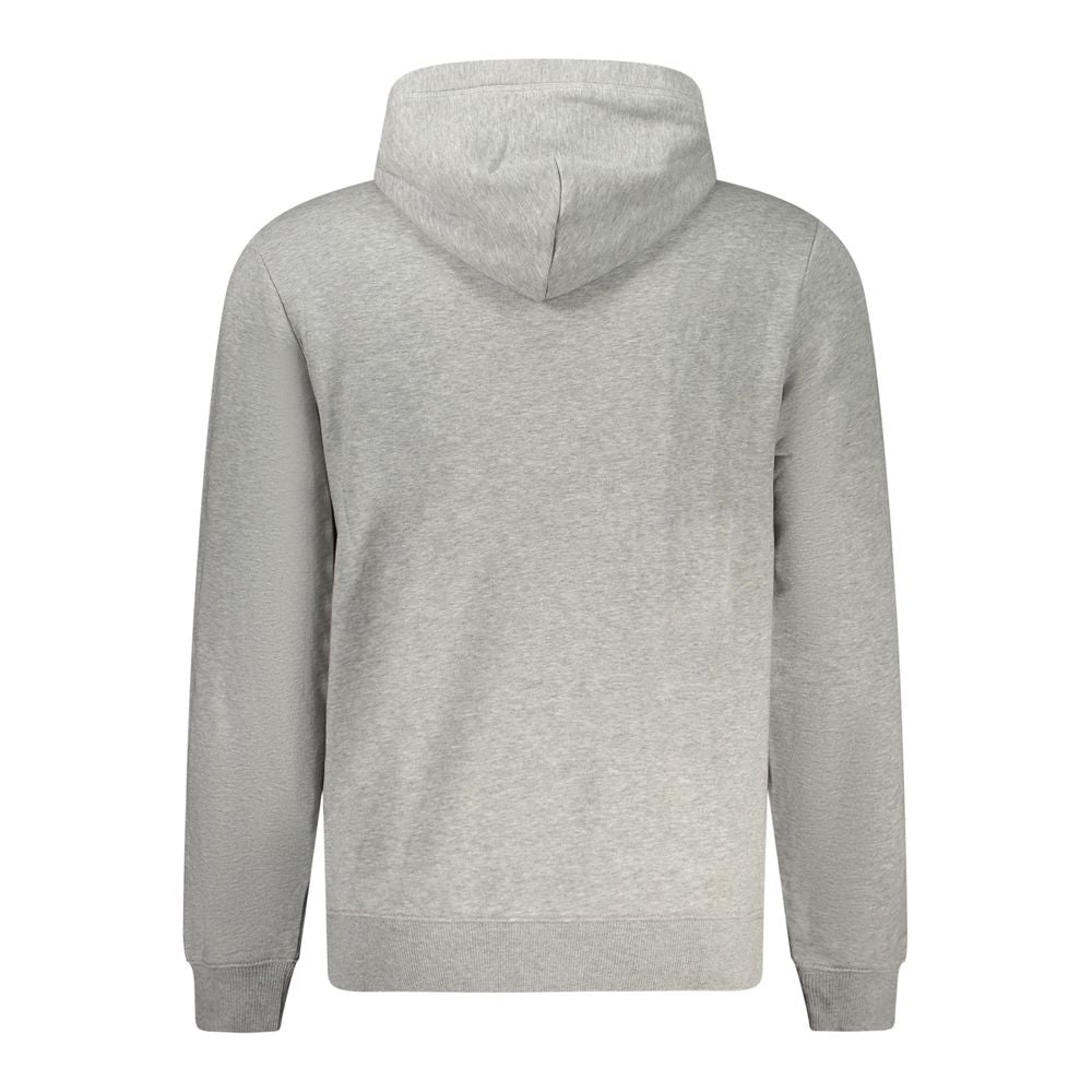Back view of Napapijri gray cotton sweater, featuring a relaxed fit, long sleeves, central pocket, print, and logo on hood.
