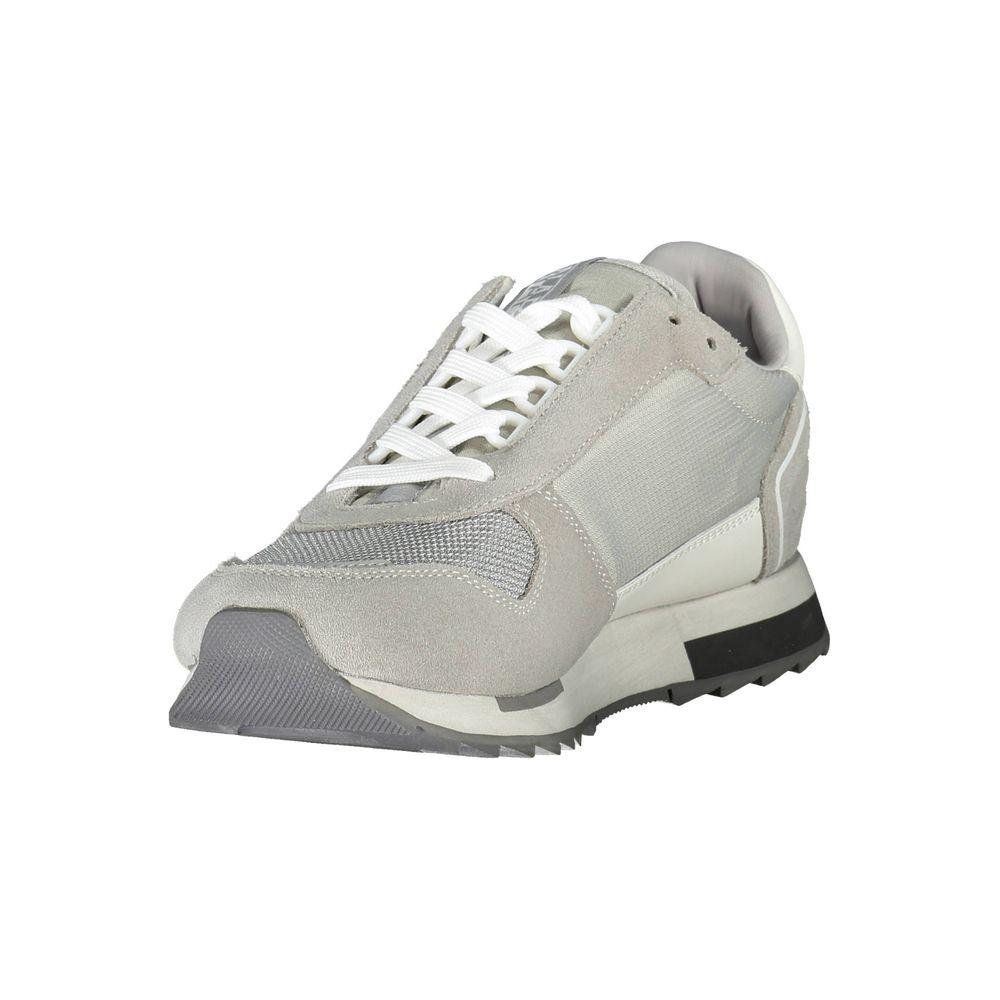 Napapijri gray polyester men's sneaker with white laces, featuring contrasting details and iconic logo, ideal for trendy street style.