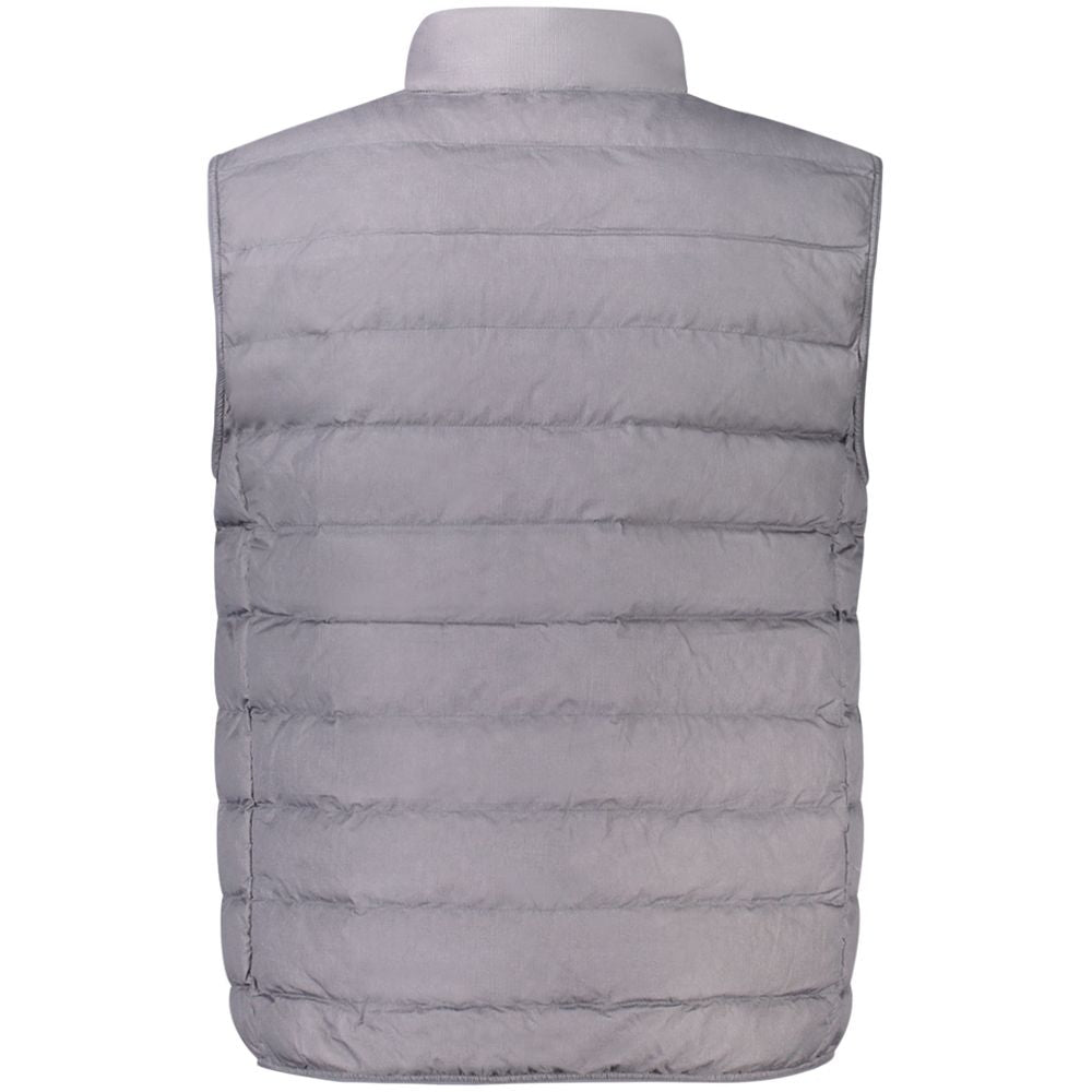 Calvin Klein gray polyamide men's sleeveless jacket with zip closure, 4 pockets, and iconic logo, back view.