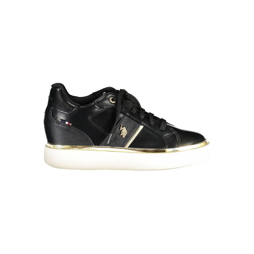 U.S. POLO ASSN. women's black sneaker with bold design and iconic logo, highlighting sporty chic style and durable polyester material.