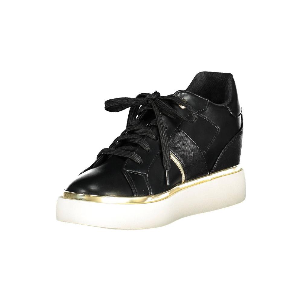 Black U.S. POLO ASSN. women's sneaker with bold contrasting details and iconic logo, made from polyester for sporty chic style.