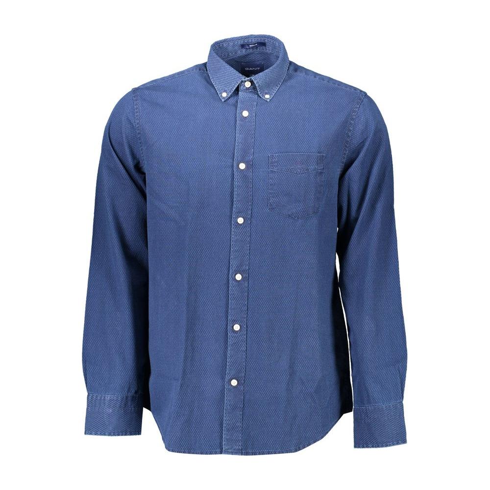 Gant blue cotton men's shirt with button-down collar and single pocket, showcasing quality craftsmanship.