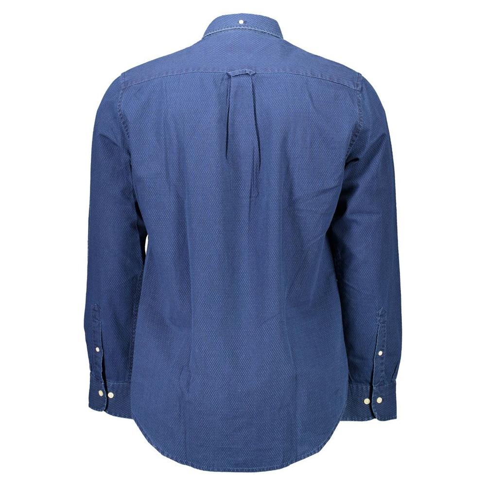 Gant blue cotton men's shirt, back view, featuring long sleeves, button-down collar, and classic fit design.
