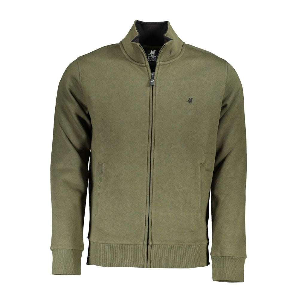 U.S. Grand Polo green zip sweater with embroidery and logo, featuring long sleeves and dual pockets, made from 60% cotton.