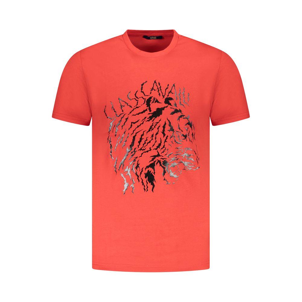 Cavalli Class red cotton men's t-shirt with bold print and logo, short-sleeved, crew-neck design, celebrates high fashion elegance.