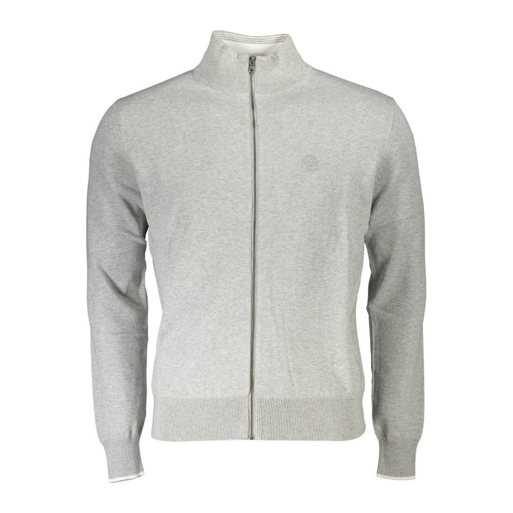 North Sails gray cotton men’s sweater with high collar and zip front, featuring iconic embroidery, 100% organic cotton.