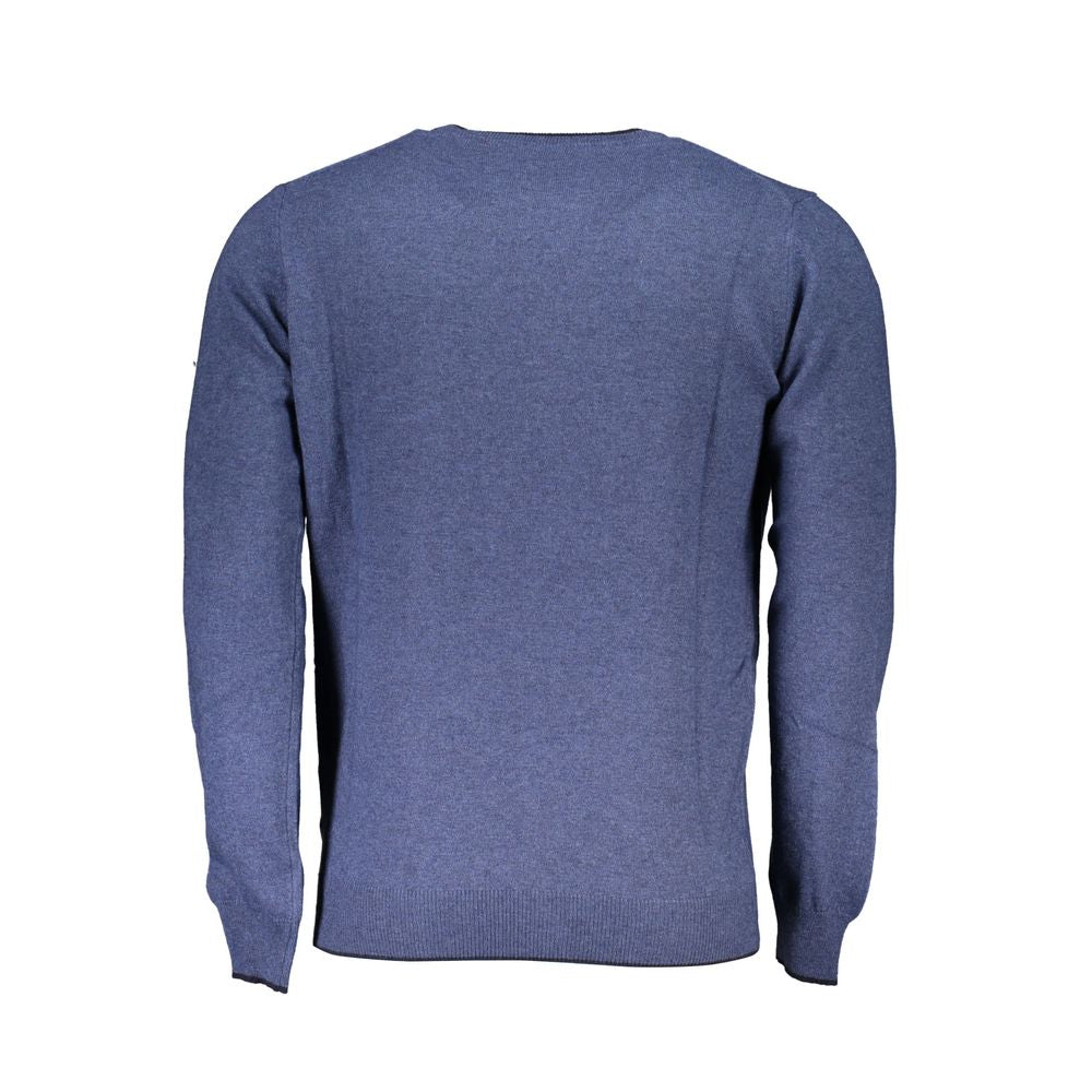 Back view of North Sails blue polyamide men's sweater with recycled fibers and contrast details, showcasing sustainable fashion.