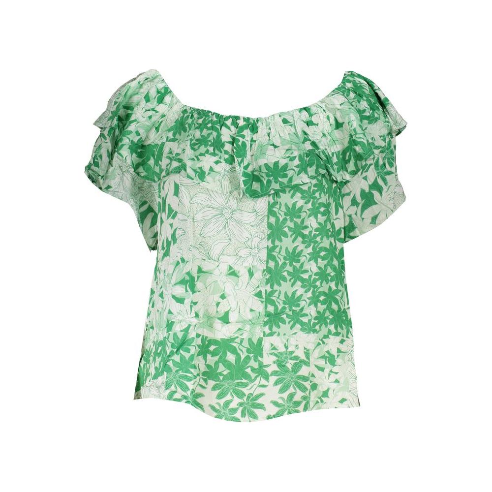 Green boho chic patterned tee by Desigual with floral print and boat neck, perfect for a vibrant, bohemian style. 100% cotton.