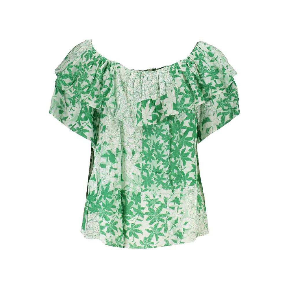 Desigual Green Boho Chic Patterned Tee with Logo, 100% Cotton, Boat Neck, Floral Design, Assured Comfort, Perfect for Bohemian Elegance