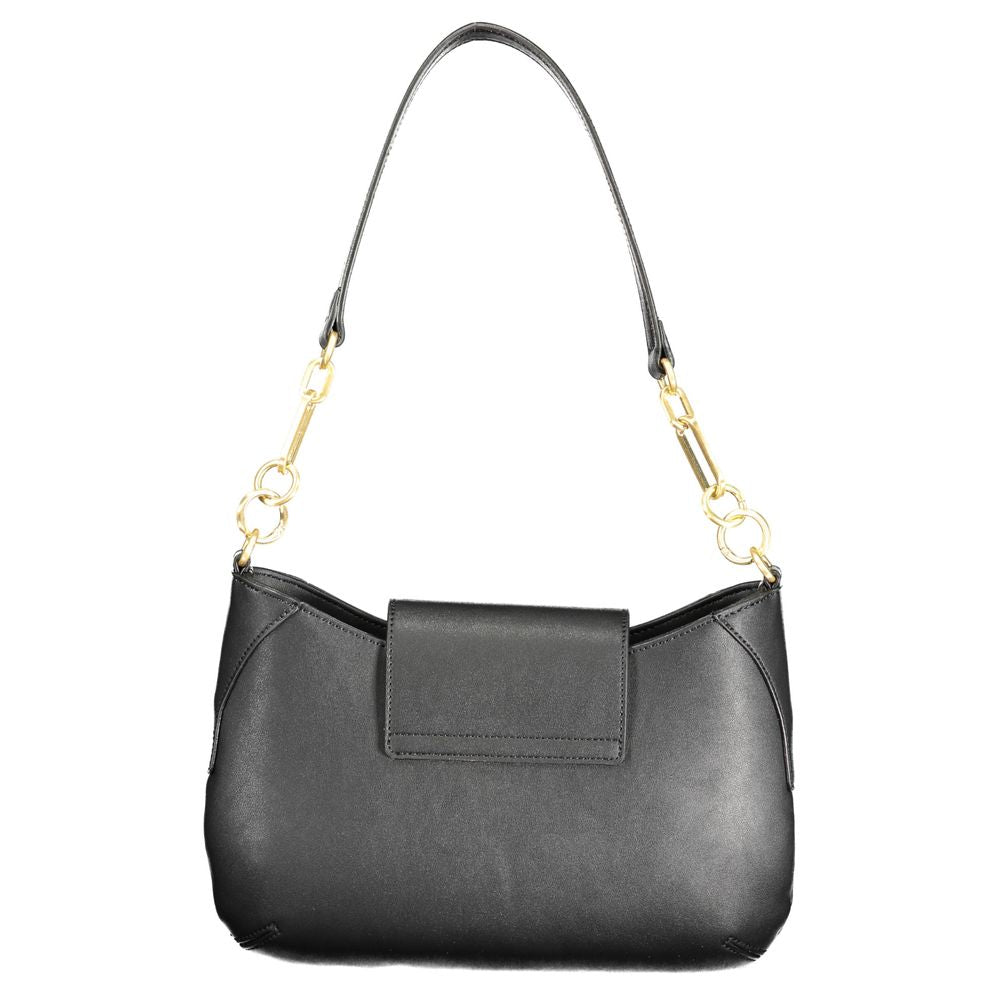 Valentino black polyethylene handbag with removable shoulder strap, internal pocket, contrast details, and logo accents.