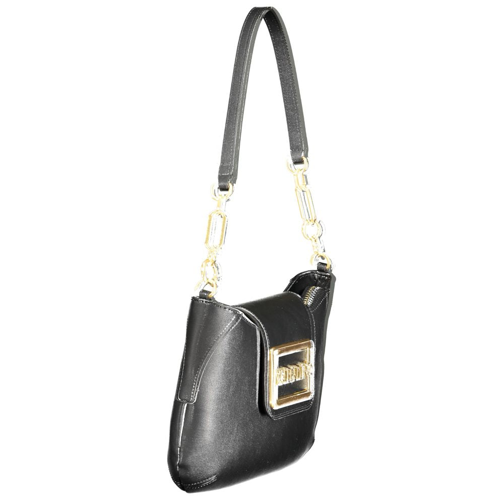 Valentino black polyethylene handbag with removable shoulder strap and gold-tone logo, featuring zip and snap closure.