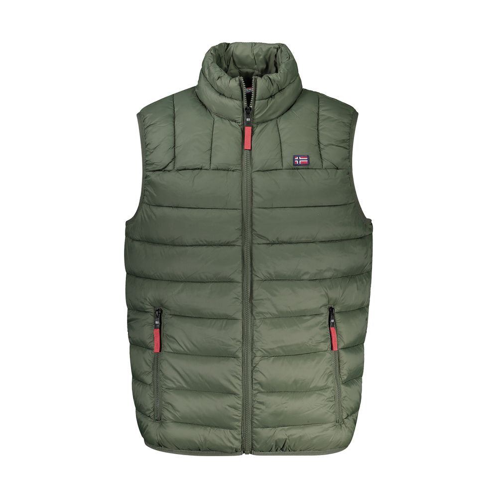 Norway 1963 green polyamide sleeveless jacket with contrasting details, zipper closure, logo, and multiple pockets.