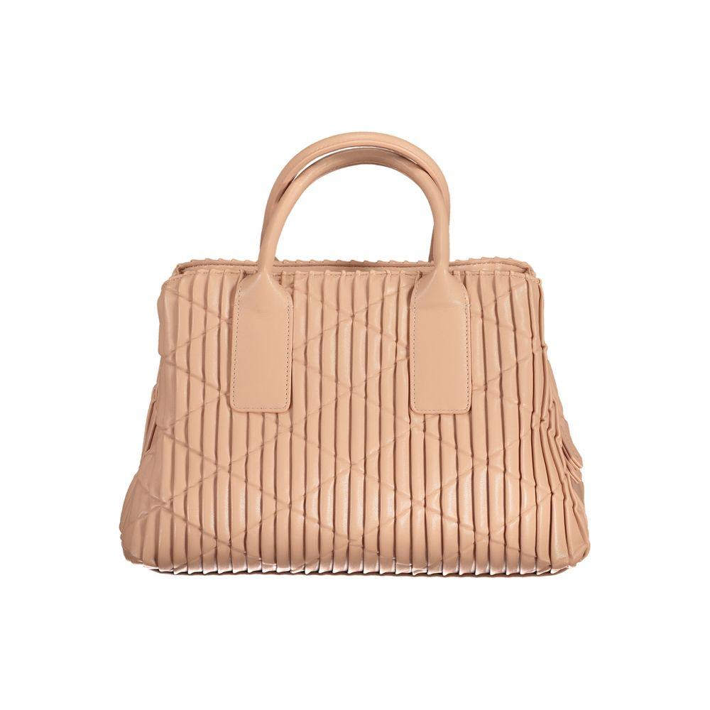 Valentino pink polyethylene handbag with two handles, removable chain handle, adjustable straps, central pocket, and logo detailing.