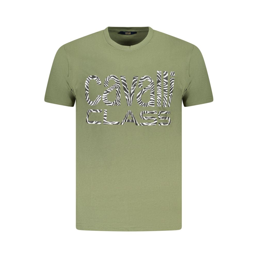 Cavalli Class green cotton men's t-shirt with bold print and logo, short sleeve crew neck style, showcasing luxury fashion appeal.