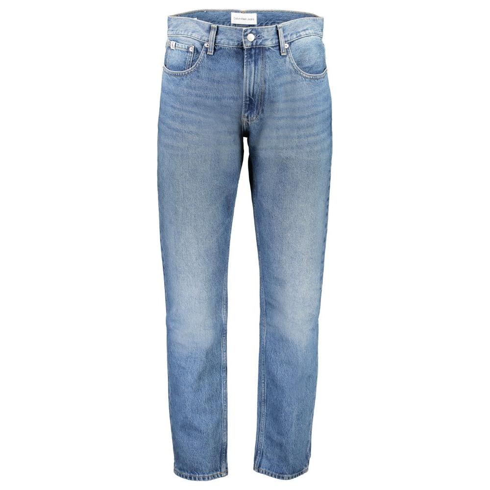 Calvin Klein blue cotton jeans, straight cut with a washed effect, featuring 5 pockets, button and zip closure, logo, 20% recycled.