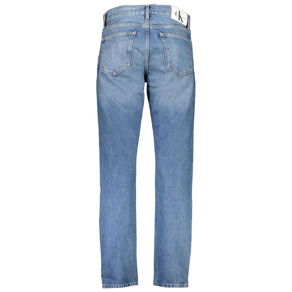 Back view of Calvin Klein blue cotton jeans featuring authentic straight fit, 5 pockets, washed effect, button zip, and logo patch.