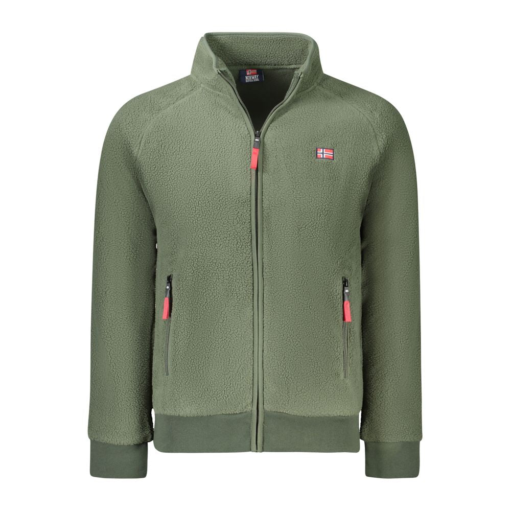 Green polyester jacket for men with front zip closure and Norway 1963 logo, featuring fleece construction and multiple pockets for functionality.