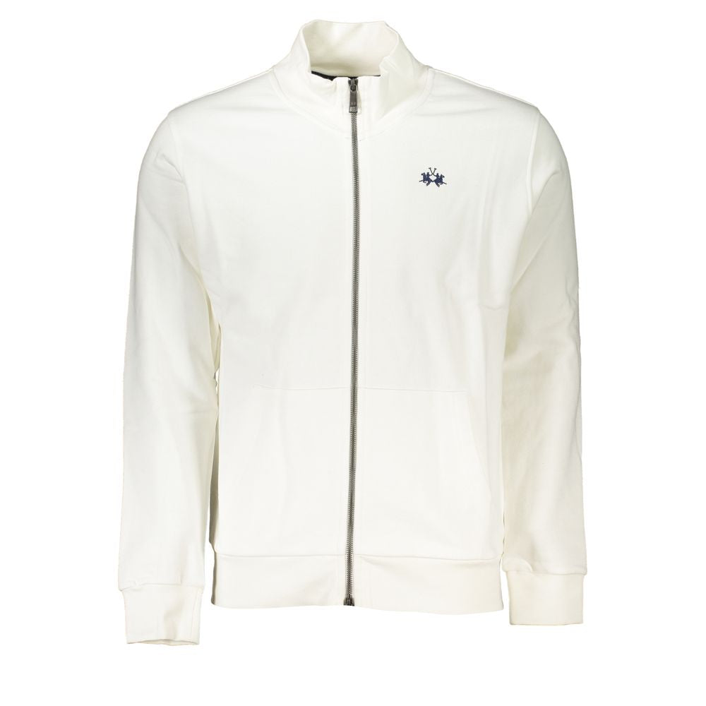 La Martina Elegant White Fleece Sweatshirt with zip, logo embroidery, and regular fit; luxury casual wear with central pockets.