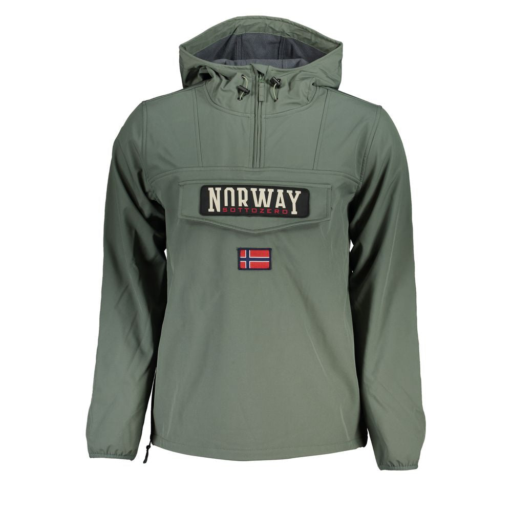 Norway 1963 green polyester jacket with hood, central pocket, half zip, and logo; features soft shell and zip-velcro closure.