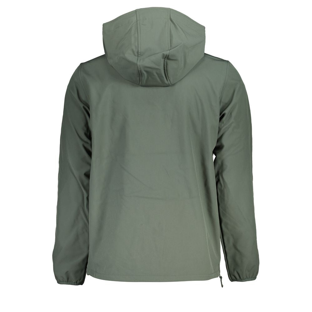 Norway 1963 green polyester hooded jacket with long sleeves, featuring a soft shell design and central pocket with zip and velcro closure.