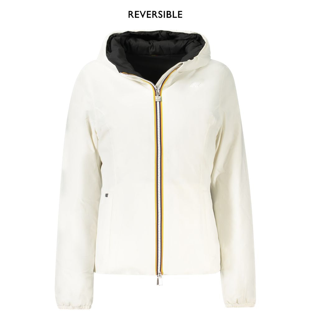K-WAY White Nylon Women's Reversible Jacket with Hood and Zip, showcasing sleek design and versatile white to black style.