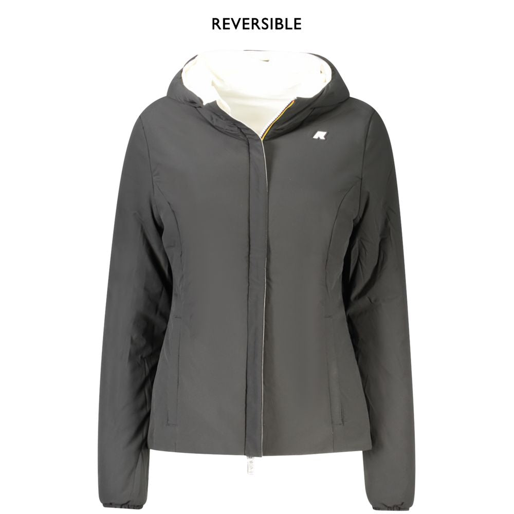 K-WAY Reversible White Nylon Women's Jacket, long-sleeved with hood, padded for warmth, offering stylish and practical dual-color options.