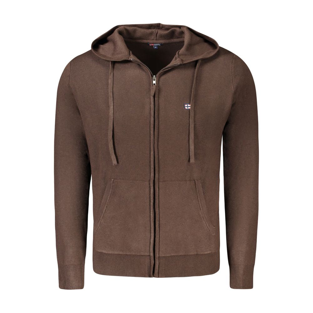 Brown polyamide men's cardigan with hood, embroidery, and logo; features long sleeves and pockets for style and practicality.