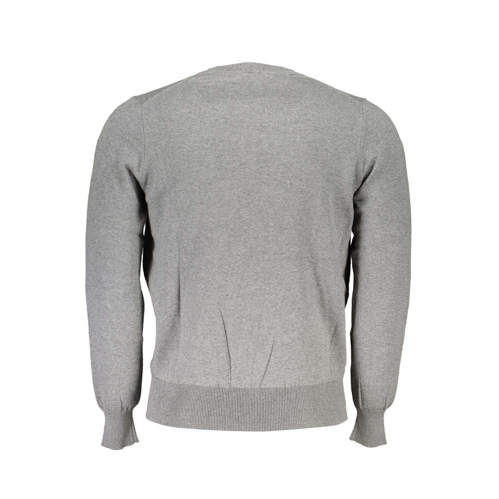 Back view of North Sails gray cashmere men's sweater featuring crew neck and long sleeves for sustainable luxury.