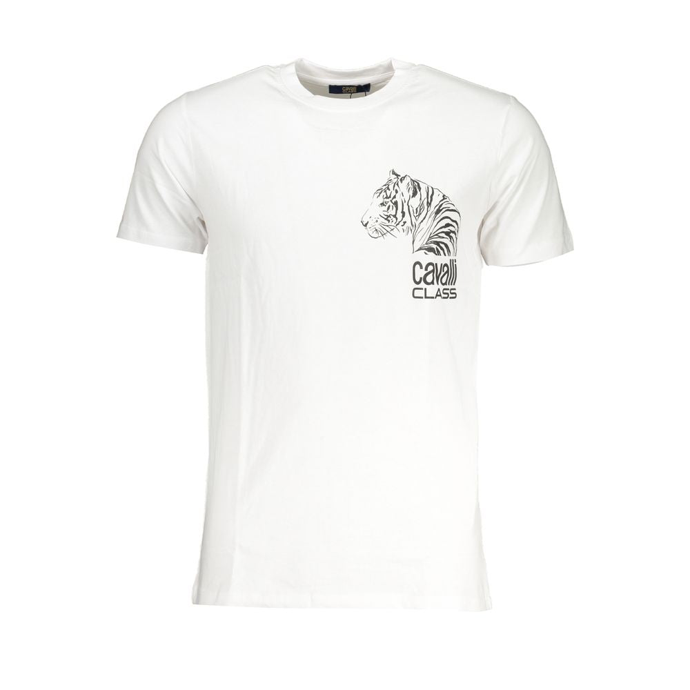 Cavalli Class white cotton t-shirt with crew neck, short sleeves, and tiger logo print. Stylish casual wear for men.