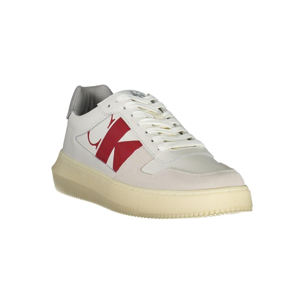 Sleek white lace-up sneaker with red logo detail by Calvin Klein, featuring eco-friendly materials for sustainable fashion.
