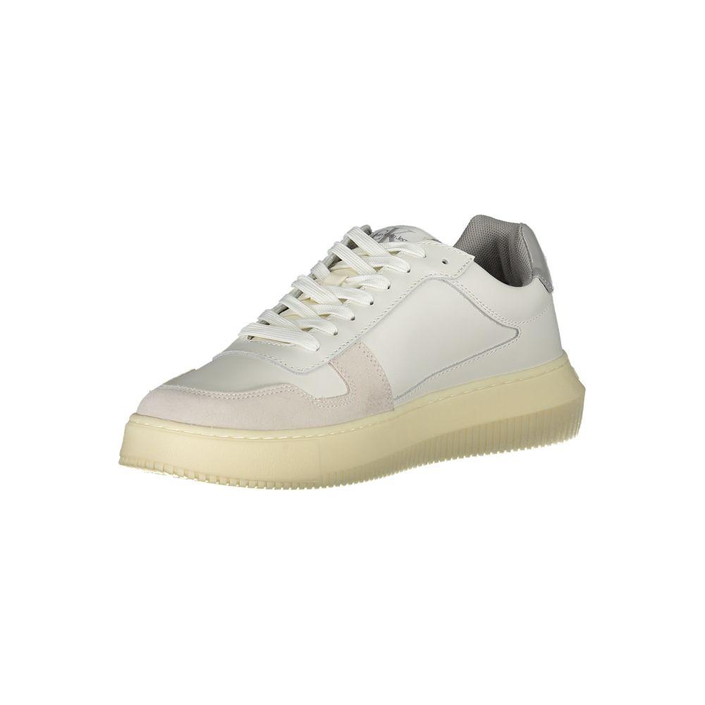 Calvin Klein sleek white lace-up sneaker with contrast details and logo, made from 50% recycled polyester. Sustainable fashion.