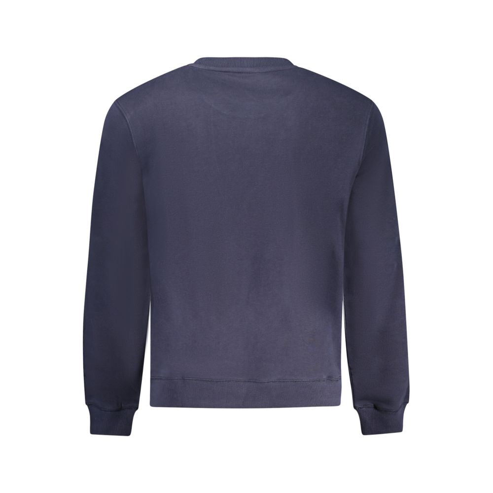 Back view of a blue Napapijri cotton sweater with long sleeves, regular fit, crew neck, and logo print.